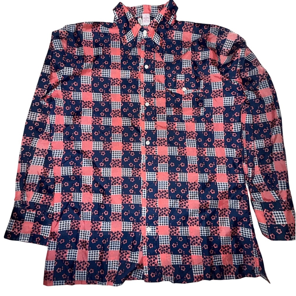 Vintage Skyr Mens L  Shirt Patchwork Floral Gingham Pink Navy 70s Disco